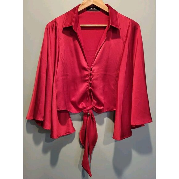 AKIRA Tops - Akira Red Angelic Satin Flared Sleeve Button & Tie Crop Top Sz S V Neck Collared